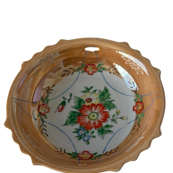 Lusterware Peach with Orange/Blue Flowers 7 inch Bowl Made in Japan Vintage. - Picture 4 of 6